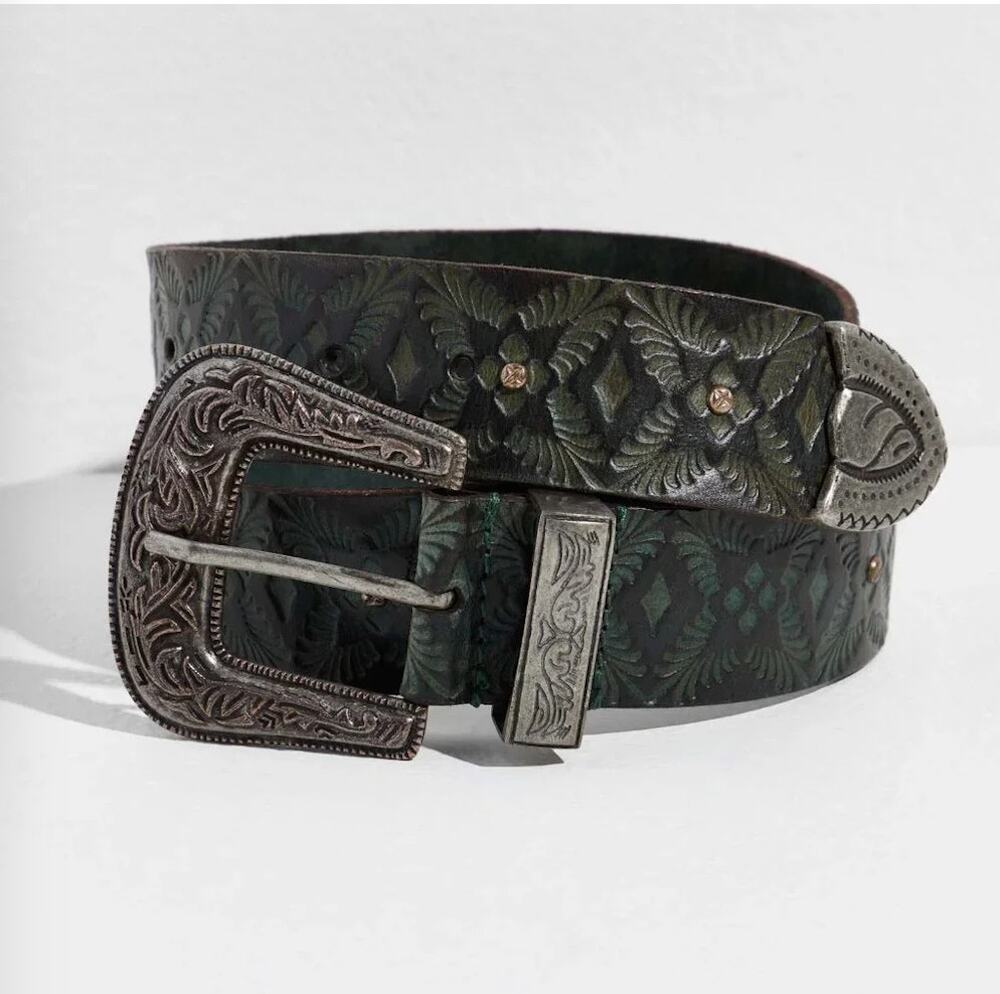 Free People Forest Green Belt with Ornate Silver Buckle